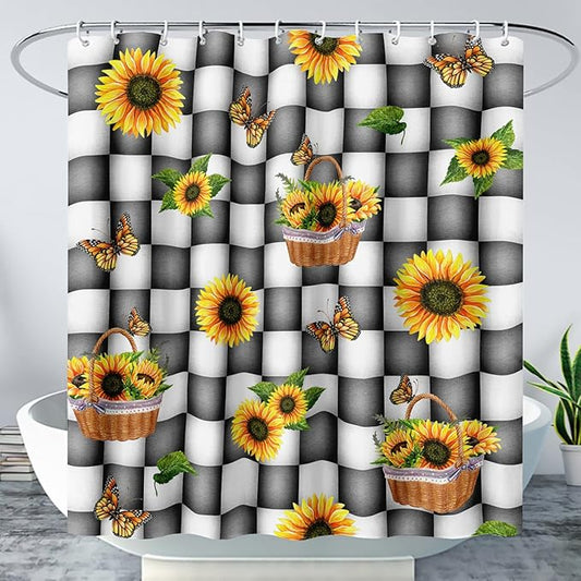 AILONEN Sunflower Shower Curtain for Bath Curtain,Black and White Grid Butterfly Bath Curtain,Garden Flower Yellow Floral Waterproof Shower Curtain 60" W x 72" H