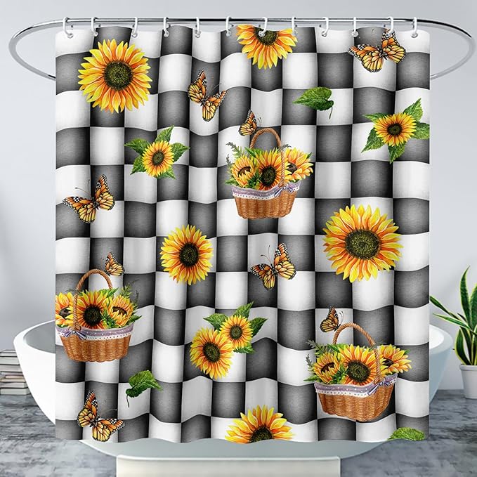 AILONEN Sunflower Shower Curtain for Bath Curtain,Black and White Grid Butterfly Bath Curtain,Garden Flower Yellow Floral Waterproof Shower Curtain 72" W x 84" H