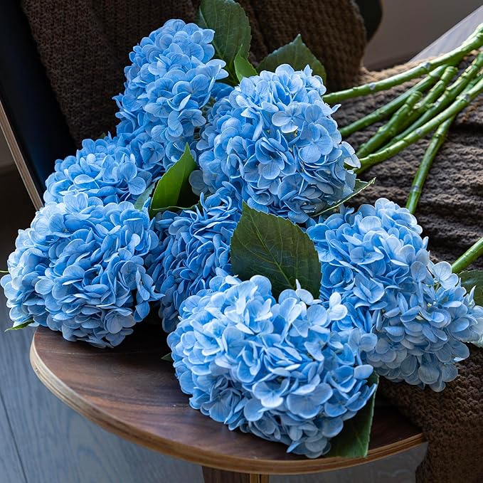 3PCS 22 inch Realistic Artificial Hydrangea Large Real Touch Flowers Artificial Flowers Dry Flowers Outdoor Wedding Christmas Office Family Party Living Room Table Decoration (Blue)