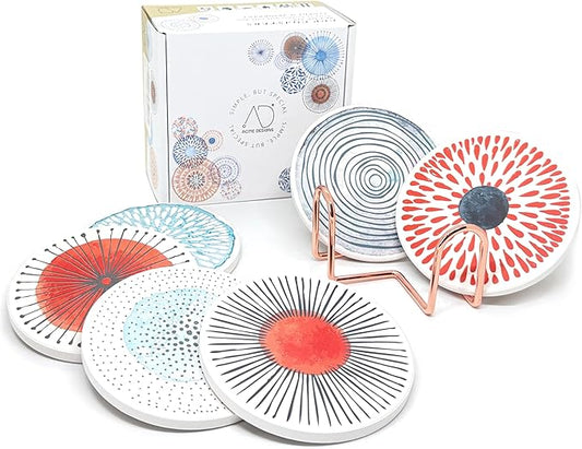 AD Set of 6 Coasters for Drinks Absorbing Round Ceramic Stone Coaster with Cork Base Tabletop Protection Mat for Mugs and Cups,Office,Kitchen (Colorful with Rose Gold Holder)