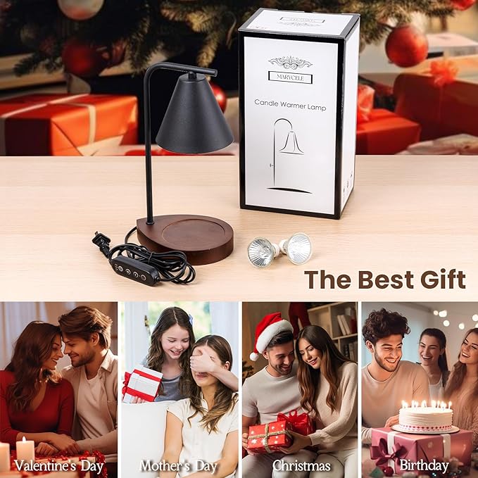 Black Candle Warmer Lamp with Timer, Birthday Gifts for Him Her, House Warming Gifts New Home Decor Aesthetic Black, Electric Dimmable Wax Melt Warmer for Jar Candles with 2 Bulbs