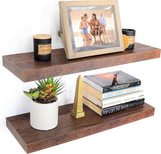 Floating Wall Shelves, 24” Wall Mounted Hanging Shelf Set for Living Room, Office, Kitchen, Bathroom &, Perfect Home Room Wall Decor, Rustic Pattern Designed – Rustic Brown