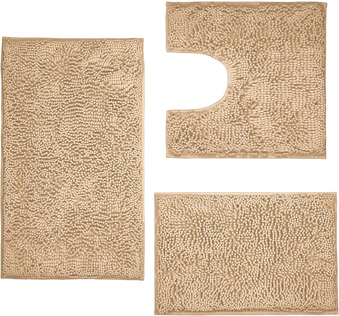 ZiYiJuan Bathroom Rugs, Super Absorbent Luxury Shaggy Chenille Bath Mats,Beige 20x20_17x24_20x32