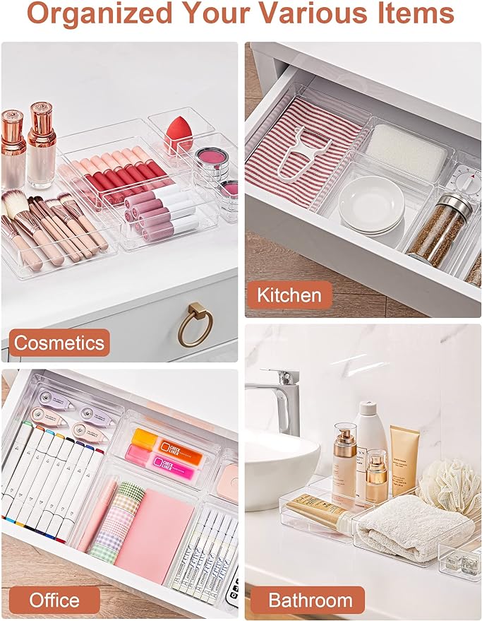 SMARTAKE 7-Piece Drawer Organizer with Non-Slip Silicone Pads, 4-Size Desk Drawer Organizer Trays Storage Tray for Makeup, Jewelries, Utensils in Bedroom Dresser, Office and Kitchen (Clear)
