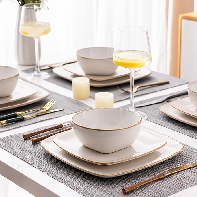 AmorArc Ceramic Dinnerware Sets for 4, 12 Pieces Square Handpainted Plates and Bowls Set, Chip and Scratch Resistant Stoneware Dishes Set, Dishwasher & Microwave Safe, Pearl White