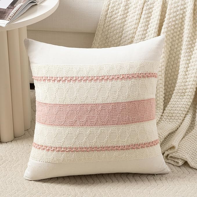 Fancy Homi Set of 1 Boho Pink Decorative Throw Pillow Cover 22x22 Inch for Couch Bed Sofa, Aesthetic Modern Organic Farmhouse Home Decor, Soft Cotton Cute Accent Macrame Woven Cushion Case