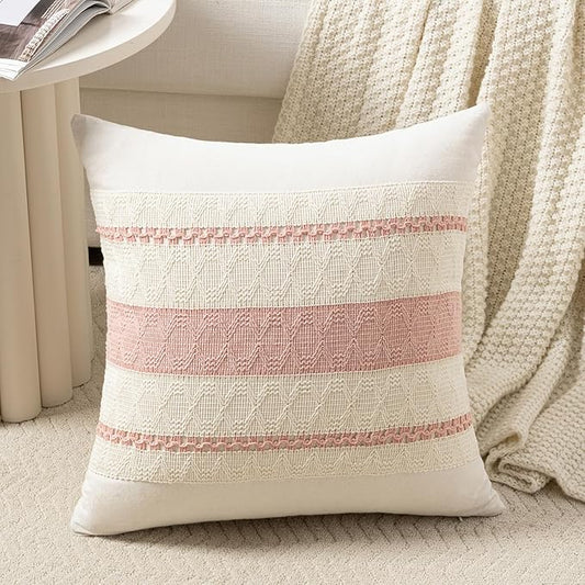 Fancy Homi Set of 1 Boho Pink Decorative Throw Pillow Cover 16x16 Inch for Couch Bed Sofa, Aesthetic Modern Organic Farmhouse Home Decor, Soft Cotton Cute Accent Macrame Woven Cushion Case