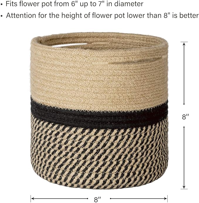 TIMEYARD Sturdy Jute Rope Plant Basket Modern Woven Basket up to 7.5 Inch Flower Pot Floor Indoor Planters, 8” x 8” Storage Organizer Baskets Rustic Home Decor, Black Stripes