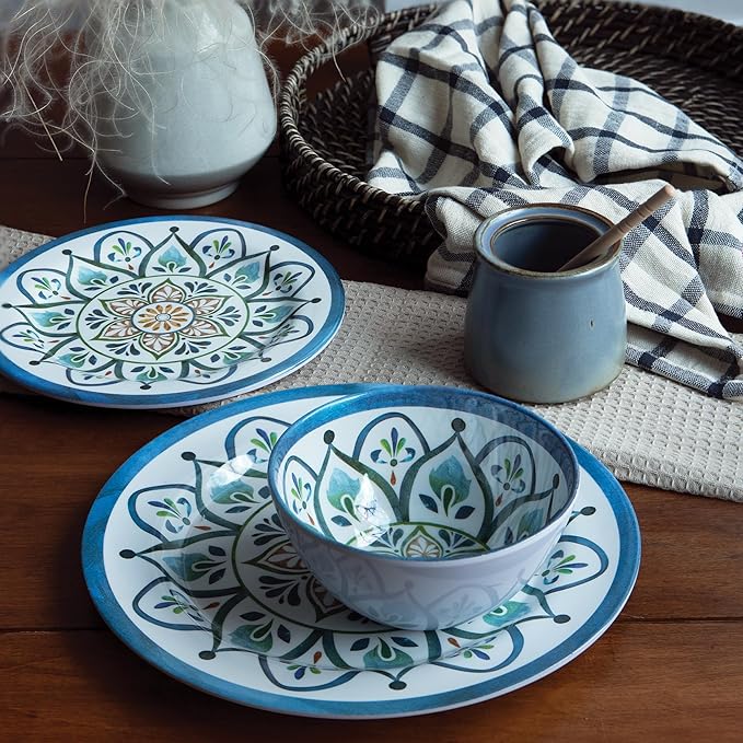 Melamine Dinnerware Sets, Service for 4. Unbreakable Dishes. Scratch Resistant Melamine Ware. Plates and Bowls. Dishwasher Safe Platos De Melamina Mosaic Design. Beautifully Packaged Gift Box