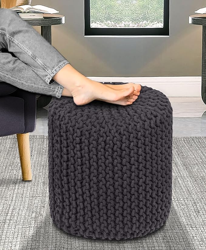 COTTON CRAFT Braided Round Pouf - Hand Knitted Cotton Cord Cable Dori Cylindrical Ottoman - Foot Stool - Floor Pouf - Footrest - Accent Seat - Living Room Bedroom Dorm Décor - 15 Round x 16 H - Grey