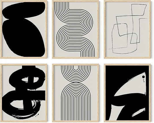 HAUS AND HUES Black Abstract Painting Aesthetic Wall Art- Set of 6 Modern Abstract Wall Art, Black and Gray One Line Abstract Art, Geometric Print Wall Art, Minimalist Wall Art (Beige Frame, 11x14)