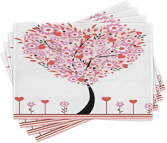Ambesonne Valentine Place Mats Set of 4, Heart Shaped Tree Daisies Wildflowers Red Leaves Forest Romance Season Image, Washable Fabric Placemats for Dining Table, Standard Size, Pink Red