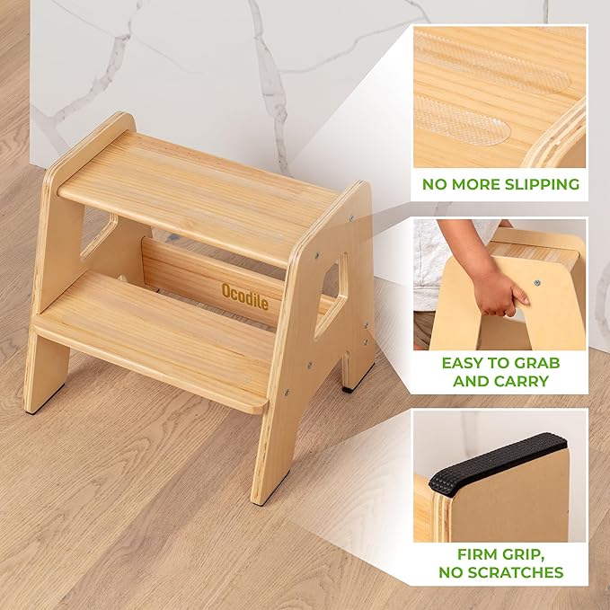 Wooden Step Stools for Kids - Sturdy, Non-Slip, Non-Tip Toddler Step Stool for Bathroom Sink for Your Little Girl or Boy - Varnished