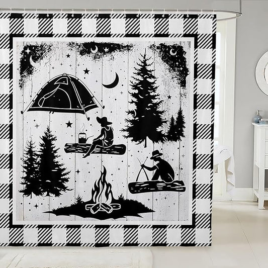 Feelyou Happy Camping Shower Curtain White Wooden Fabric Shower Curtain for Kids Rustic Farmhouse Style Bathroom Waterproof Accessories with 12 Hooks Black and White Plaid Curtains,72X72 Inches