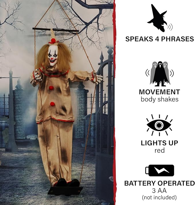 Haunted Hill Farm Scary Swinging Talking Clown Animatronic with Touch Activated Lights and Sounds, Battery Operated Indoor or Covered Outdoor Decoration, Creepy Halloween Prop