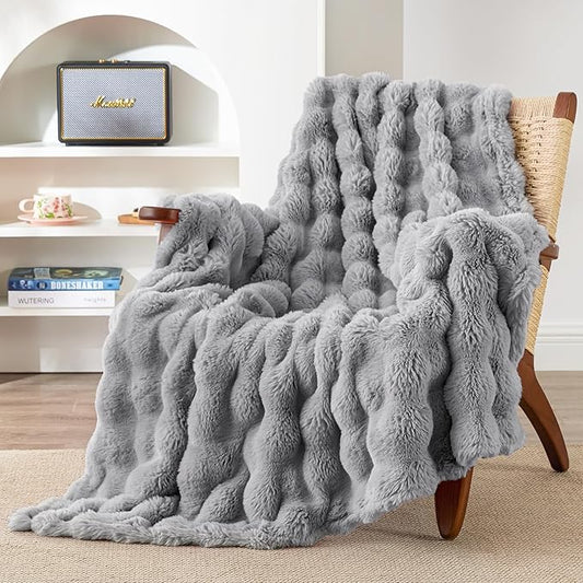 EXQ Home Rabbit Faux Fur Throw Blanket for Couch, Soft Fluffy Bubble Double Sided Plush Blanket, Cozy Thick Warm Fuzzy Decorative Blanket for Bed Chair Sofa Living Room, 50x60 Inches (Light Grey)