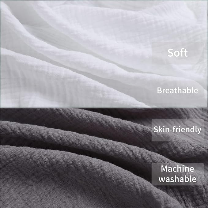 Muslin Pack n Play Sheets Soft Breathable 100% Cotton Mini Crib Fitted Sheets Portable/Convertible Playard Mattress Cover 2 Pack for Baby Boy and Girl, White and Grey