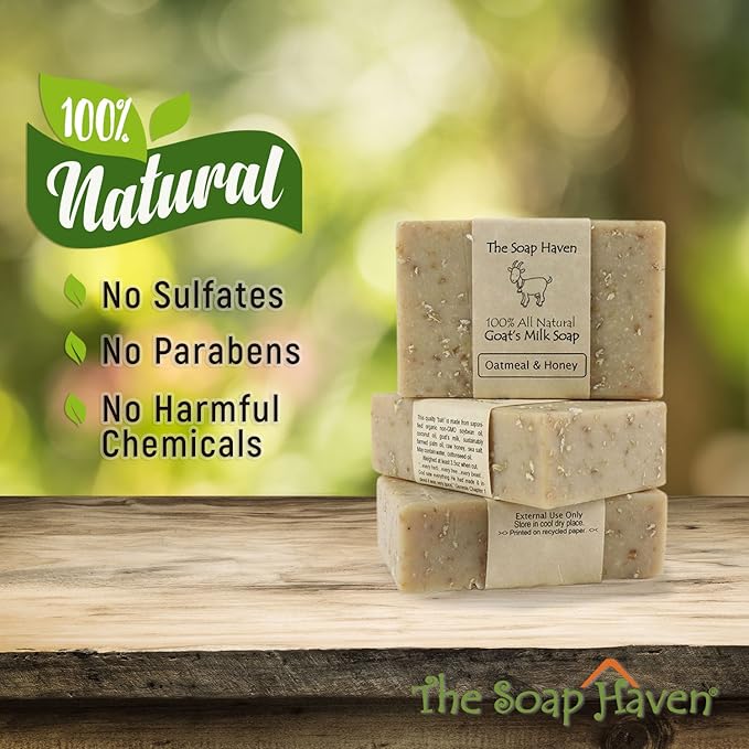 Oatmeal Soap - 4 Oatmeal & Honey Goat Milk Soap Bars, Handmade in USA, All Natural, Unscented, SLS Free, No Parabens