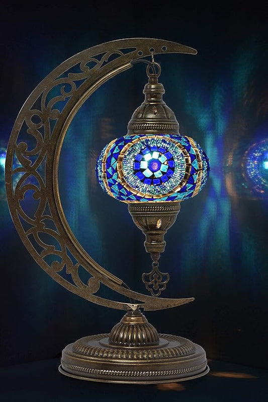 mozaist Unique Moon Shaped Mosaic Table Lamp - Moroccan Handmade Tiffany Stained Glass with US Plug and E12 Socket