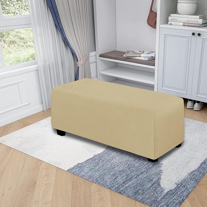 Easy-Going Stretch Ottoman Cover Folding Storage Stool Furniture Protector Soft Rectangle slipcover with Elastic Bottom(Ottoman X-Large,Beige)