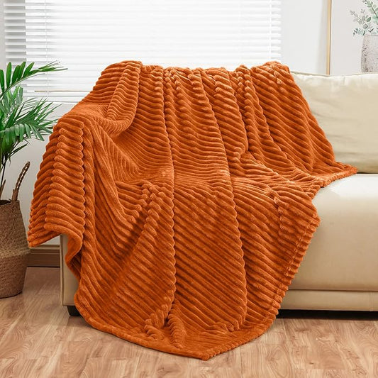 Bnuitland Burnt Orange Flannel Throw Blanket, 300GSM Super Soft Fleece Stripe Pattern Sofa Blanket for Babys and Kids, Lightweight Cozy Bed Throw for Home Decor All Season