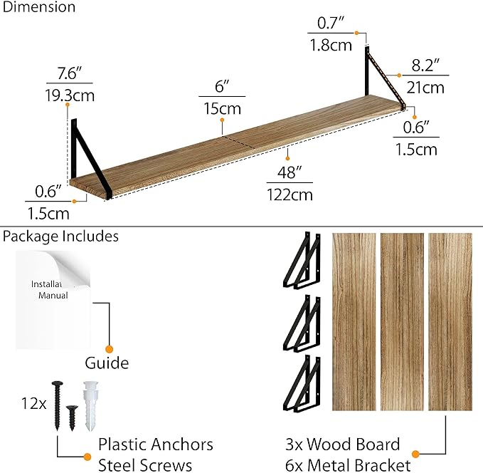 Wallniture Bora Long Floating Shelves, Wall Bookshelf Living Room Decor Book Shelves for Office, Kitchen Organization Bedroom Decor Burnt, 48"x6" Set of 3