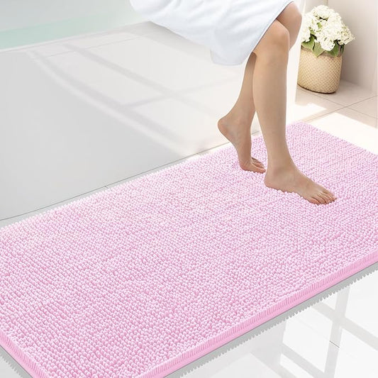 Smiry Luxury Chenille Bathroom Rugs 47x24, Extra Soft and Absorbent Shaggy Bath Mat, Machine Washable, Non-Slip Plush Carpet Runner for Tub, Shower, and Floor, Home Decor Accessories, Pink