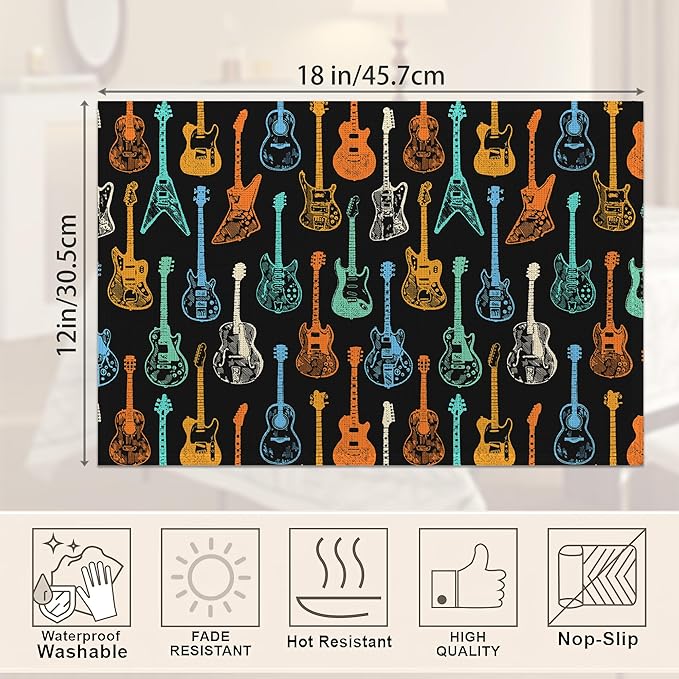 Colorful Guitar Placemats Set of 6, Waterproof Non-Slip Washable Table Mats Set for Kitchen Dining Holiday Party Wedding Decor 12x18 Inch