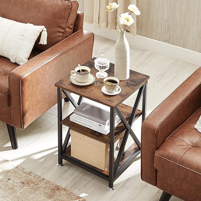 End Tables Living Room Set of 2, 16" D x 16" W x 24" H, Indoor End Tables Living Room with Storage Shelf, Square End Table Set of 2, X-Shaped Night Stands for Bedroom, Farmhouse Wood Side Tables