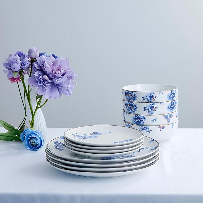 Stone Lain Viola 12-Piece Dinnerware Set Porcelain, Plates and Bowls Set, Dish Set for 4, Microwave and dishwasher Safe, Blue