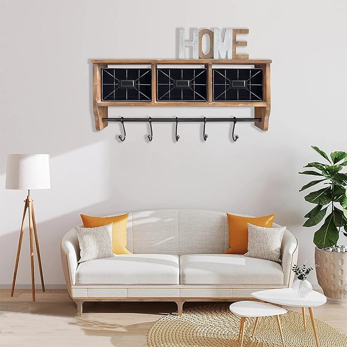 Coffee Bar Shelf with Baskets and Hooks, Wall Mounted Storage Hanging Coat Rack Shelf for Entrance, Bathroom, Living Room and Kitchen