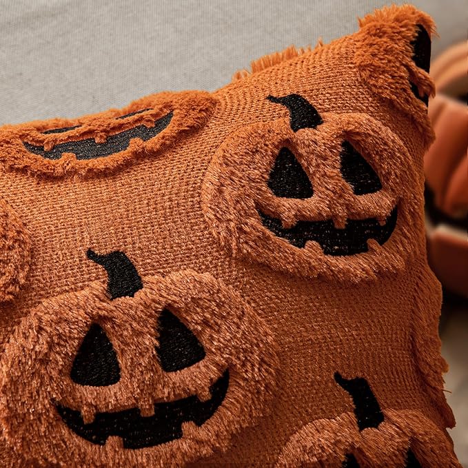 MIULEE Fall Halloween Throw Pillow Covers 18x18 Decorative Pumpkin Pattern Pillowcases Soft Plush Faux Wool Cushions for Home Patio Sofa Couch,Rust