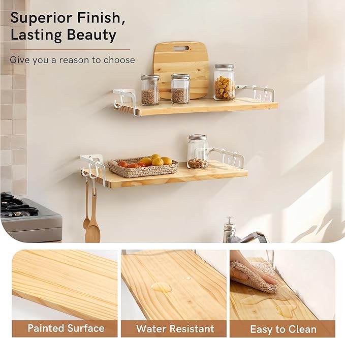 Gronda Floating Shelves for Wall Storage Shelf with White Brackets for Bathroom Kitchen Laundry Over Toilet Wooden Hanging Organizer Rustic Boho Decor for Bedroom Living Room, Set of 2