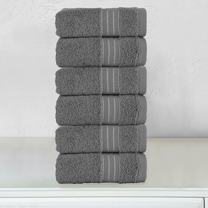 Elegant Comfort Premium Turkish Cotton 6 Pack Washcloths Set - 13 x 13 inch, Luxurious Hotel Spa Quality 100% Turkish Cotton 6PC Washcloth Set - Highly Absorbent - Soft Bathroom Towels, Grey