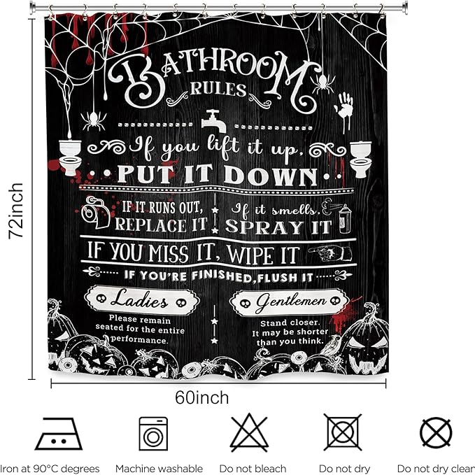 Halloween Bathroom Toilet Rules Shower Curtain 60Wx72L Inch Horror Spooky Scary Funny Pumpkin Holiday Bathroom Set Accessories Decor with 12 Pack Hooks