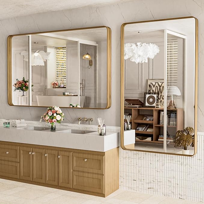 LOAAO 60X30 Inch Bathroom Mirror with Wood Grain Colored Metal Frame, Rounded Rectangle Metal Framed Bathroom Mirror, Anti-Rust, Hangs Horizontally or Vertically, Tempered Glass