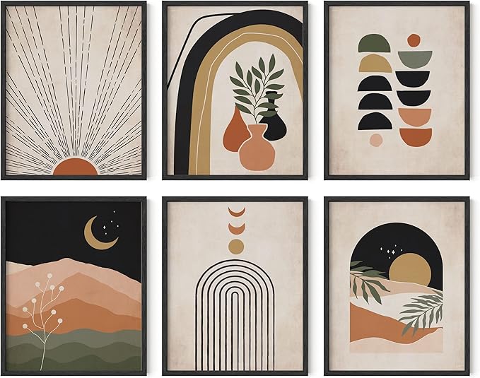 HAUS AND HUES Boho Prints Neutral Wall Art - Set of 6 Boho Mid Century Modern Wall Art, Aesthetic Prints for Wall Decor and Mid-Century Modern Artwork (16x20, Framed Black)