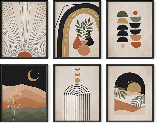 HAUS AND HUES Boho Prints Neutral Wall Art - Set of 6 Boho Mid Century Modern Wall Art, Aesthetic Prints for Wall Decor and Mid-Century Modern Artwork (16x20, Framed Black)
