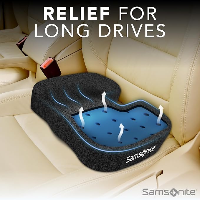 SAMSONITE Gel-Infused Memory Foam Seat Cushion with Enhanced Airflow Design for Cooling Experience, Fits Most Office Chairs and Car Seats, Supportive Sitting Pillow for Orthopedic Comfort…