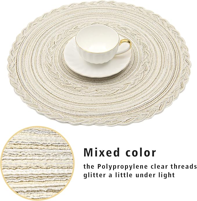 SHACOS Round Placemats Set of 4 Boho Braided Border Place Mats for Dining Tables Wedding Holiday Party (Ivory Bordered, 4)