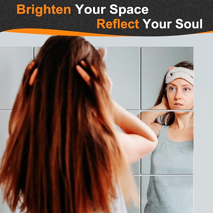 Delma Frameless Mirror Tiles 12"x10"x16 Pcs Wall Mounted, Shatter Resistant Full Length Tempered Glass Panels for Home Gym Bathroom Bedroom & Living Room Decor