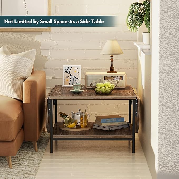 SAYGOER Coffee Table 2-Tier Small Folding Coffee Tables with Storage for Living Room Mid Century Center Table Vintage Extended Table with Two Foldable Panel for Large or Small Space, Rustic Brown