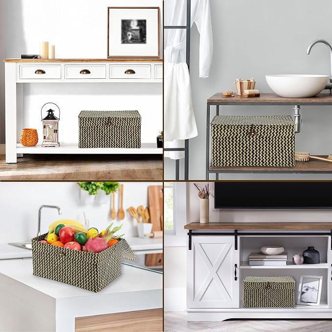 Hipiwe Wicker Shelf Baskets Bin with Lid, Handwoven Seagrass Basket Storage Bins Rectangular Household Basket Boxes for Shelf Wardrobe Home Organizer,Black,Large