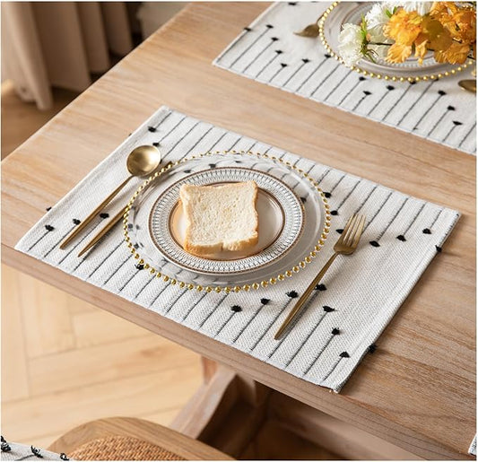 Placemats Set of 6 for Dining Table Décor, Woven Cloth Place Mats for Farmhouse Kitchen Tabletop, Handcrafted Machine Washable Cotton Table mats 13 x 19 Inch, Black and Beige