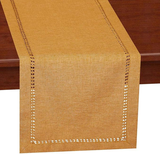 Grelucgo Handcrafted Solid Color Dining Table Runner, Dresser Scarf, Double-Hemstitched (Mustard Gold, 14 x 90)