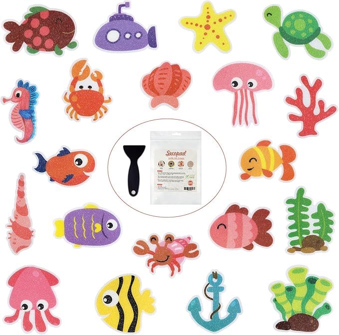 Non Slip Bathtub Stickers, 20pcs Submarine Sea Creature Adhesive Kids Anti Slip Decal Threads for Shower and Bath Tub with Premium Scraper