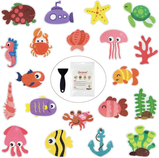 Non Slip Bathtub Stickers, 20pcs Submarine Sea Creature Adhesive Kids Anti Slip Decal Threads for Shower and Bath Tub with Premium Scraper