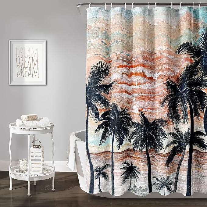AILONEN Beach Shower Curtain,Retro Afterglow Bathroom Shower Curtain Sets for Girls Boys Teens Women, 60" W*72" H Sunset Coconut Tree Theme Bathroom Decors