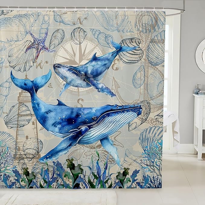 Feelyou Whale Shower Curtain Ocean Themed Fabric Shower Curtain for Kids Boys Girls Shells and Corals Bathroom Waterproof Accessories with 12 Hooks Blue and Brown Curtains,72X78 Inches