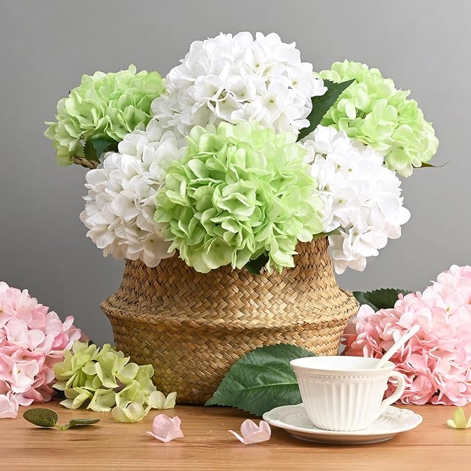 BLEUM CADE 8 Pcs Hydrangea Artificial Flowers with Realistic Stems, 18In Large Fake Flowers, Faux Flower for Home Party Decor Outdoor Wedding Bouquets Table Centerpieces Decoration,White Green